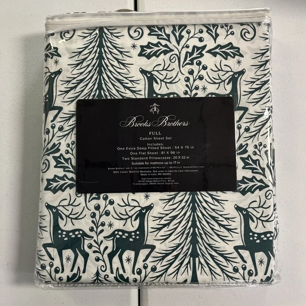 Brooks Brothers‎ Full Sheet Set Holiday Christmas White Green Reindeer Print New